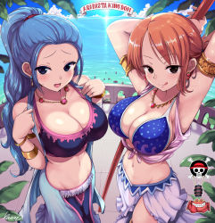 Rule 34 | 2girls, :q, armlet, armpits, arms up, bare shoulders, bikini, bikini top only, blue bikini, blue eyes, blue hair, blue skirt, blue sky, blue vest, blush, breasts, cleavage, clima-tact, cloud, collarbone, commentary request, cowboy shot, day, earrings, groin, half updo, harem outfit, hat, highres, holding, holding staff, jewelry, jolly roger, kasai shin, large breasts, long hair, long skirt, looking at viewer, midriff, multiple girls, nami (one piece), navel, necklace, nefertari vivi, ocean, one piece, open mouth, orange hair, parted bangs, pink vest, ponytail, railing, short hair, sidelocks, signature, skirt, skull and crossbones, sky, smile, staff, standing, straw hat, straw hats jolly roger, sweat, swimsuit, tongue, tongue out, vest, white skirt