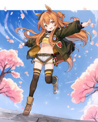 Rule 34 | 1girl, animal ears, arms up, belt, black thighhighs, boots, brown eyes, brown footwear, brown hair, brown jacket, cherry blossoms, cloud, full body, horse ears, horse girl, horse tail, jacket, leg lift, leg up, long hair, looking at viewer, luckyeldayo, mayano top gun (umamusume), midriff, navel, open mouth, outdoors, outstretched arms, petals, shirt, short shorts, shorts, sky, smile, solo, standing, standing on one leg, tail, thighhighs, thighs, tree, two side up, umamusume, white shorts, yellow shirt