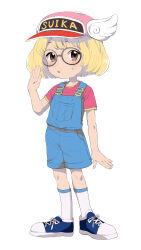 Rule 34 | 1girl, :o, absurdres, blonde hair, blue overalls, blush, brown eyes, cosplay, cross-laced footwear, dr. slump, dr. stone, full body, glasses, highres, kojirou (kojirou sousaku), norimaki arale, norimaki arale (cosplay), overalls, red shirt, round eyewear, shirt, shoes, simple background, socks, solo, suika (dr. stone), sweatdrop, white background, white socks