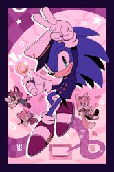 Rule 34 | 1girl, 1other, 2boys, absurdres, amy rose, blowing kiss, buttons, closed mouth, detective, digimin, dress, floating, full body, furry, furry female, furry male, gloves, hat, heart, highres, looking at viewer, multiple boys, peaked cap, protagonist (the murder of sonic the hedgehog), ring (sonic), shoes, smile, sonic (series), sonic the hedgehog, spikes, tails (sonic), the murder of sonic the hedgehog, v, white gloves