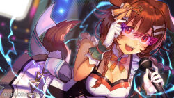 Rule 34 | 1girl, animal ears, blush, bone hair ornament, braid, breasts, brown eyes, brown hair, cleavage, dog ears, dog girl, dog tail, dress, fangs, gloves, hair ornament, highres, holding, holding microphone, hololive, hungry clicker, idol, idol clothes, inugami korone, large breasts, looking at viewer, medium hair, microphone, open mouth, single braid, smile, solo, tail, teeth, tongue, upper teeth only, virtual youtuber, white dress, white gloves