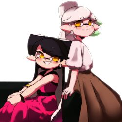 Rule 34 | 2girls, back-to-back, black hair, blouse, blunt bangs, bracelet, brown skirt, callie (splatoon), closed mouth, couch, cousins, dress, earrings, from side, gradient hair, green hair, grin, highres, inkling, jewelry, long dress, long hair, long skirt, looking at viewer, marie (splatoon), mask, medium hair, mole, mole under eye, multicolored hair, multiple girls, nintendo, on couch, puffy short sleeves, puffy sleeves, red dress, shirt, short sleeves, silver hair, sitting, skirt, smile, tentacle hair, two-tone hair, white background, white shirt, window blinds, wuju (1198979953), yellow eyes
