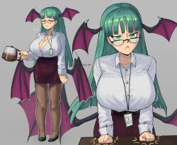 Rule 34 | 1girl, absurdres, breasts, closed eyes, closed mouth, coffee, demon wings, glasses, green eyes, green hair, highres, large breasts, looking at viewer, morrigan aensland, solo, tallinax, vampire (game), wings