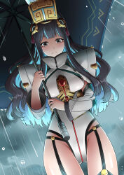 Rule 34 | 1girl, absurdres, black hair, blue hair, colored inner hair, fate/grand order, fate (series), feathers, grey eyes, hair ornament, headdress, highres, holding, holding umbrella, jewelry, leotard, long hair, looking at viewer, multicolored hair, ponytail, rain, solo, sudhiro sappurisa, tenochtitlan (fate), tenochtitlan (third ascension) (fate), thighs, umbrella, wavy hair, white leotard, white sleeves