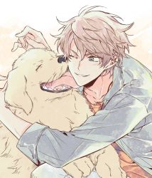 Rule 34 | 175x172nyrn, 1boy, bishounen, brown hair, dog, from argonavis, goryou yuuto, grin, highres, hug, jacket, licking, licking another&#039;s face, male focus, one eye closed, simple background, smile