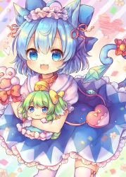 Rule 34 | 1girl, :3, animal ears, animal hands, bag, bell, blue bow, blue eyes, blue hair, bow, cat ears, cat tail, cirno, coa (chroo x), collar, daiyousei, green hair, hair bow, hair ribbon, hairband, heart, heart-shaped pupils, ice, ice wings, jingle bell, kemonomimi mode, lolita hairband, neck bell, open mouth, red bow, red ribbon, ribbon, short hair, smile, solo, symbol-shaped pupils, tail, tail bow, tail ornament, thighhighs, touhou, white thighhighs, wings, yellow bow