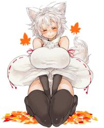 Rule 34 | 1girl, animal ears, autumn leaves, bare shoulders, between legs, black gloves, black thighhighs, blush, breasts, closed mouth, detached sleeves, full body, gloves, hand between legs, huge breasts, inubashiri momiji, kneeling, no headwear, no headwear, pom pom (clothes), ribbon-trimmed sleeves, ribbon trim, sachito, simple background, sitting, smile, solo, tail, thighhighs, touhou, v arms, white background, wolf ears, wolf tail