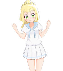 Rule 34 | 1girl, blonde hair, blush, braid, breasts, clenched hands, closed mouth, collarbone, creatures (company), female focus, french braid, game freak, green eyes, hands up, happy, highres, kouzuki (reshika213), legs together, lillie (pokemon), looking at viewer, miniskirt, nintendo, pleated skirt, pokemon, pokemon sm, ponytail, shirt, short sleeves, simple background, skirt, small breasts, smile, solo, standing, white background, white shirt, white skirt