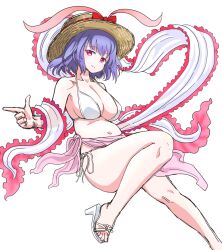 Rule 34 | 1girl, bikini, bow, brown hat, closed mouth, hat, hat bow, high heels, highres, index finger raised, looking at viewer, nagae iku, navel, purple hair, red bow, red eyes, s-a-murai, sarong, short hair, simple background, smile, solo, straw hat, swimsuit, touhou, white background, white bikini, white footwear