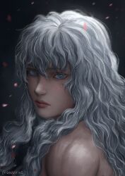 Rule 34 | 1boy, aki (akistrike), bare shoulders, berserk, blue eyes, cherry blossoms, close-up, commentary, crying, crying with eyes open, english commentary, falling petals, griffith (berserk), hair between eyes, long hair, looking at viewer, male focus, petals, slit pupils, solo, teardrop, tears, wavy hair, white hair