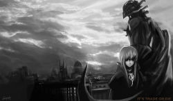 Rule 34 | 1girl, city, english text, greyscale, halloween, highres, lin+, long hair, monochrome, original, witch