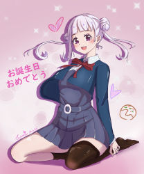 Rule 34 | 1girl, absurdres, arashi chisato, artist name, artist request, bare legs, belt, black socks, blue cardigan, blue jacket, blush, bow, bowtie, breasts, buttons, cardigan, collared shirt, cropped jacket, double bun, dress, dress shirt, female focus, floating hair, grey belt, grey shirt, grey skirt, hair bun, hair tie, heart, highres, jacket, long hair, long sleeves, looking at viewer, love live!, love live! superstar!!, medium breasts, miniskirt, nail, nail polish, neck ribbon, no shoes, o-ring, o-ring belt, parted lips, pink background, pink nails, plaid, plaid skirt, pleated, pleated skirt, purple eyes, red bow, red eyes, red ribbon, ribbon, school uniform, shirt, sitting, skirt, smile, socks, solo, sparkle, twintails, wavy hair, white hair, white shirt, wing collar, yuigaoka school uniform