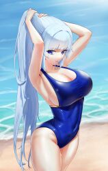 Rule 34 | 1girl, absurdres, armpits, arms behind head, arms up, bare arms, bare shoulders, beach, blue eyes, blue one-piece swimsuit, breasts, cleavage, commission, covered navel, cowboy shot, hair tie in mouth, halterneck, highres, jinmeii, large breasts, long hair, looking at viewer, mouth hold, one-piece swimsuit, original, ponytail, second-party source, solo, standing, swimsuit, taut clothes, taut swimsuit, thighs, tying hair, very long hair, water, white hair
