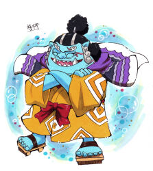 Rule 34 | 1boy, air bubble, black hair, blue skin, bow, bubble, closed eyes, colored skin, crossed arms, happy, japanese clothes, jinbe (one piece), kimori mfkayj, laughing, male focus, one piece, open mouth, red bow, sandals, scar, sharp teeth, smile, solo, teeth, toenails, traditional media, translation request