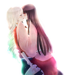 Rule 34 | 2girls, backlighting, bad id, bad pixiv id, black hair, blue eyes, dress, hand on another&#039;s thigh, hand on thigh, houraisan kaguya, imminent kiss, long hair, looking at viewer, multiple girls, no headwear, red eyes, simple background, sitting, sitting on lap, sitting on person, sleeves past wrists, sui (camellia), touhou, white hair, yagokoro eirin, yuri