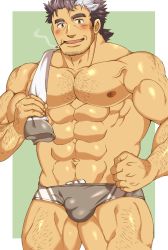 Rule 34 | 1boy, abs, arm hair, bara, blush, briefs, brown hair, bulge, chest hair, cigarette, cowboy shot, facial hair, green background, grey male underwear, hairy, highres, kurazon (climb zombie), large pectorals, leg hair, long sideburns, looking at viewer, male focus, male underwear, mature male, mononobe kyoma, multicolored hair, muscular, muscular male, navel, nipples, outside border, pectorals, short hair, sideburns, smile, solo, stomach, streaked hair, stubble, thick eyebrows, thick thighs, thighs, tokyo houkago summoners, topless male, underwear, underwear only, white hair