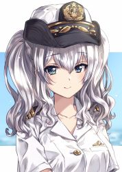 Rule 34 | 1girl, alternate costume, blue eyes, breasts, female service cap, hair between eyes, hat, highres, kantai collection, kashima (kancolle), kuroi mimei, long hair, medium breasts, military, military uniform, shirt, short sleeves, silver hair, simple background, smile, solo, twintails, two-tone background, uniform, upper body, wavy hair, white hat, white shirt