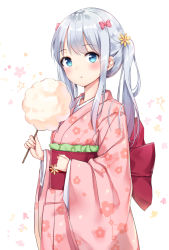 Rule 34 | 10s, 1girl, :t, alternate hairstyle, blue eyes, blush, bow, closed mouth, cotton candy, douya (233), eating, eromanga sensei, floral background, floral print, food, hair bow, holding, holding food, izumi sagiri, japanese clothes, kimono, long hair, looking at viewer, pink bow, pink kimono, silver hair, solo, twintails, upper body, white background, wide sleeves