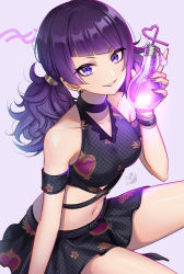 Rule 34 | 1girl, absurdres, bad id, bad pixiv id, bare shoulders, belt, black choker, black shirt, black skirt, breasts, choker, collarbone, commentary request, crop top, diagonal bangs, drinking straw, ear piercing, earrings, highres, holding, idolmaster, idolmaster shiny colors, jewelry, lipstick, long hair, looking at viewer, mairo, makeup, medium breasts, midriff, miniskirt, navel, parted lips, piercing, purple background, purple eyes, purple hair, shirt, signature, skirt, sleeveless, sleeveless shirt, smile, solo, tanaka mamimi, thighs, twintails