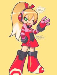 Rule 34 | 1girl, artist name, blonde hair, boots, call (mighty no. 9), call f, character name, copyright name, flat chest, green eyes, hair ribbon, headphones, knee boots, long hair, mighty no. 9, one eye closed, open mouth, ponytail, ribbon, robert de jesus, robot, simple background, skirt, solo, striped, striped sleeves, vest, wink, yellow background