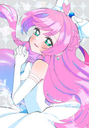 Rule 34 | 1girl, ahoge, blush, bow, braid, cure prism, dress, dress bow, earrings, elbow gloves, french braid, from side, gloves, green eyes, hair bow, half-closed eyes, heart, heart ahoge, highres, hirogaru sky! precure, jewelry, long hair, looking at viewer, magical girl, meranoreuka (pandapaca), nijigaoka mashiro, open mouth, own hands together, pink hair, precure, revision, single earring, sleeveless, sleeveless dress, smile, solo, standing, swept bangs, white bow, white dress, white gloves, wing hair ornament