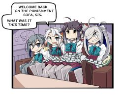 Rule 34 | 4girls, ahoge, akishimo (kancolle), anchor, asashimo (kancolle), asymmetrical hair, asymmetrical legwear, bound, bound together, bow, bowtie, brown hair, chain, commentary request, couch, dress, english text, gradient hair, grey eyes, grey hair, grey legwear, grin, hair between eyes, hair bun, hair ornament, hair over one eye, hair ribbon, halterneck, hayanami (kancolle), heart, helltaker, kantai collection, kiyoshimo (kancolle), leaf hair ornament, long hair, long sleeves, looking at viewer, low twintails, mismatched legwear, multicolored hair, multiple girls, pantyhose, parody, pleated dress, ponytail, purple dress, ribbon, school uniform, seamed legwear, sharp teeth, shirt, short hair, short hair with long locks, side-seamed legwear, sidelocks, single hair bun, smile, teeth, thighhighs, torikai a, twintails, white hair, white ribbon, white shirt, yellow eyes