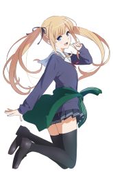 Rule 34 | 1girl, :d, black thighhighs, blonde hair, blue eyes, clothes around waist, fang, from side, full body, hair ribbon, index finger raised, jacket, jacket around waist, legs, loafers, long hair, official art, open mouth, pleated skirt, ribbon, saenai heroine no sodatekata, sawamura spencer eriri, school uniform, serafuku, shoes, skirt, smile, solo, thighhighs, track jacket, transparent background, twintails, zettai ryouiki