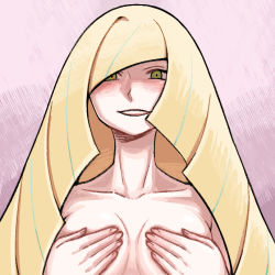 Rule 34 | 1girl, blonde hair, breasts, collarbone, covering breasts, covering privates, creatures (company), fingernails, game freak, green eyes, hair over one eye, hands up, large breasts, long hair, looking at viewer, lusamine (pokemon), nintendo, nude, nutkingcall, pink background, pokemon, pokemon sm, solo, upper body
