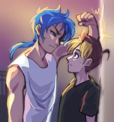 Rule 34 | 2boys, against wall, aqua eyes, arm up, backlighting, bare shoulders, black shirt, blonde hair, blue-haired boy (how to draw manga), blue eyes, blue hair, brown hair, clenched hand, closed mouth, dutch angle, eye contact, from side, hair tie, half-closed eyes, height difference, highres, how to draw manga, jpeg artifacts, kabedon, long hair, looking at another, looking down, looking up, male focus, multicolored hair, multiple boys, nervous, ponytail, profile, shirt, short hair, short sleeves, sidelocks, sleeveless, sleeveless shirt, standing, sweat, toripng, two-tone-haired boy (how to draw manga), two-tone hair, white shirt, yaoi