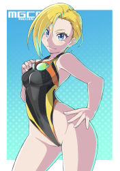 Rule 34 | 1girl, absurdres, alto-00, blonde hair, blue background, blue eyes, breasts, competition swimsuit, cowboy shot, goggles, goggles around neck, hand on own hip, highres, looking at viewer, magicami, one-piece swimsuit, short hair, small breasts, smile, solo, swimsuit, yukifune eriza