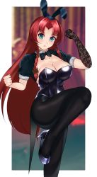 Rule 34 | 1girl, animal ears, black bow, black bowtie, black footwear, black jacket, black leotard, blurry, bow, bowtie, braid, breasts, cleavage, commentary request, depth of field, detached collar, gloves, green eyes, high heels, highres, hong meiling, jacket, lace, lace gloves, large breasts, leg up, leotard, long hair, looking at viewer, pantyhose, playboy bunny, rabbit ears, rabbit girl, rabbit tail, red hair, shiny clothes, short sleeves, side braid, single glove, solo, standing, standing on one leg, strapless, strapless leotard, tail, touhou, twin braids, volyz