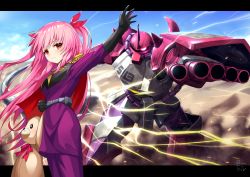 Rule 34 | 1girl, bettle (b s a n), black gloves, cape, character request, day, dress, electricity, epaulettes, frown, gloves, gouf, gundam, highres, himekuma ribon, letterboxed, long hair, mecha, mobile suit gundam, outdoors, pink hair, purple dress, re:act, red cape, red eyes, robot, standing, stuffed animal, stuffed toy, teddy bear, two side up, very long hair, virtual youtuber, weapon