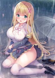 Rule 34 | 1girl, :o, black footwear, blonde hair, blue dress, bow, breasts, bus stop, collared shirt, commentary request, dress, frilled dress, frills, green eyes, hair bow, hair ornament, highres, inagaki minami, large breasts, long hair, on ground, open mouth, original, pavement, pink ribbon, plaid, plaid skirt, rain, ribbon, school uniform, see-through, shirt, shoes, unworn shoes, skirt, solo, sousouman, standing, tearing up, tears, thighhighs, thighs, transparent, transparent umbrella, umbrella, very long hair, water drop, wet, wet clothes, white thighhighs