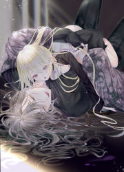 Rule 34 | 1boy, 1girl, after kiss, age difference, bishounen, bite mark, bite mark on neck, black nails, black robe, bleeding, blonde hair, blood, bridal gauntlets, brooch, couple, dress, girl on top, grey hair, hair spread out, hetero, hug, jewelry, light particles, long hair, looking at another, lying, msa (fary white), on back, original, parted lips, purple blood, purple eyes, red pupils, robe, saliva, saliva trail, slit pupils, very long hair, wavy hair, white eyes