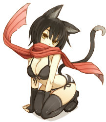 Rule 34 | 1girl, animal ears, bikini, black hair, blush, boots, brown eyes, cat ears, cat tail, fingerless gloves, gloves, looking at viewer, original, red scarf, scarf, senhappyaku, side-tie bikini bottom, simple background, solo, striped bikini, striped clothes, swimsuit, tail, thigh boots, thighhighs, white background