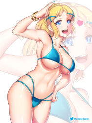 Rule 34 | 1girl, :d, arm up, armpits, bikini, blonde hair, blue bikini, blue eyes, blue nails, braid, breasts, collarbone, commentary, crown braid, english commentary, etchimune, hand on own hip, large breasts, looking at viewer, nail polish, navel, nintendo, open mouth, parted bangs, princess zelda, short hair, smile, solo, swimsuit, teeth, the legend of zelda, the legend of zelda: tears of the kingdom, twitter logo, twitter username, upper teeth only, wristlet, zoom layer