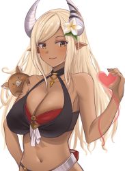 Rule 34 | 1girl, bare shoulders, blonde hair, blush, breasts, brown eyes, cleavage, closed mouth, feet out of frame, female focus, flower, granblue fantasy, hair flower, hair ornament, hand on back, hand on own hip, heart, holding, holding heart, horns, kumbhira (granblue fantasy), kumbhira (summer) (granblue fantasy), long hair, looking at viewer, medium breasts, navel, pigeon (wejil), pointy ears, smile, solo, standing, swimsuit, white background