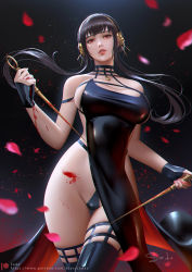 Rule 34 | 1girl, bare shoulders, black background, black dress, black gloves, black hair, black thighhighs, blood, blood on arm, blood on leg, bloody weapon, commentary request, cowboy shot, dagger, dress, earrings, fingerless gloves, flower, gloves, gold earrings, gold hairband, hairband, halterneck, highleg, holding, holding dagger, holding knife, holding weapon, jewelry, knife, latex, looking at viewer, mixed-language commentary, pelvic curtain, petals, red eyes, reverse grip, rose, sade abyss, short hair with long locks, signature, solo, spy x family, stiletto (weapon), thighhighs, thighs, two-sided dress, two-sided fabric, weapon, yor briar