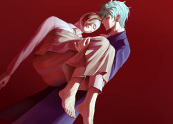 Rule 34 | 2boys, ascot, bandaged head, bandages, barefoot, blue eyes, brown hair, carrying, closed eyes, craple, feet, grey hair, highres, javier asrahan, lloyd frontera, long sleeves, male focus, multiple boys, princess carry, red background, shirt, short hair, simple background, the greatest estate developer, toes, white ascot, white shirt, yaoi