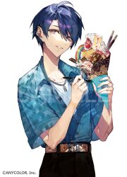 Rule 34 | 1boy, belt, belt buckle, black pants, blue hair, blue jacket, brown belt, buckle, cake, cake slice, chain, chain necklace, cherry, chocolate, copyright notice, cowboy shot, dark blue hair, food, fruit, hair between eyes, harusaki air, holding, holding food, holding ice cream, holding spoon, ice cream, ice cream cone, jacket, jewelry, looking at viewer, mole, mole under eye, mura karuki, necklace, nijisanji, official art, pants, parted lips, partially unbuttoned, pocky, pudding, purple eyes, sample watermark, shirt, short hair, short sleeves, simple background, smile, solo, spoon, sprinkles, strawberry, strawberry shortcake, virtual youtuber, watermark, whipped cream, white background, white shirt