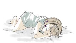 Rule 34 | 1girl, barefoot, bed, bed sheet, blonde hair, braid, briar rose (sinoalice), closed eyes, closed mouth, full body, grey shirt, hair between eyes, hair ornament, kgm 4noa, lying, on side, pajamas, reality arc (sinoalice), shirt, short hair, short sleeves, simple background, sinoalice, sleeping, solo, toes, white background