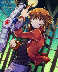 Rule 34 | 1boy, black shirt, brown eyes, brown hair, card, duel academy uniform (yu-gi-oh! gx), duel disk, full moon, hair between eyes, holding, holding card, jacket, looking at viewer, male focus, mikami (mkm0v0), moon, night, open clothes, open jacket, outdoors, red jacket, shirt, short hair, sky, smile, solo, star (sky), starry sky, yu-gi-oh!, yu-gi-oh! gx, yuki judai
