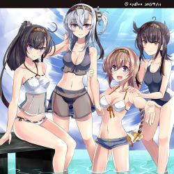 Rule 34 | 4girls, :d, absurdres, ahoge, akizuki (kancolle), bare arms, bare shoulders, bikini, bikini top only, black bikini, black hair, black headband, black one-piece swimsuit, blue eyes, blue shorts, blue sky, breasts, brown hair, casual one-piece swimsuit, cleavage, clothes writing, cloud, cloudy sky, collarbone, commentary request, dated, day, closed eyes, front-tie bikini top, front-tie top, green eyes, grey eyes, groin, hachimaki, hair ears, hatsuzuki (kancolle), headband, hebitsukai-san, high ponytail, highres, kantai collection, letterboxed, light brown hair, long hair, medium breasts, multiple girls, navel, one-piece swimsuit, one side up, open mouth, outdoors, outstretched arm, ponytail, see-through, short shorts, shorts, silver hair, sitting, sky, smile, standing, suzutsuki (kancolle), swimsuit, teruzuki (kancolle), twitter username, wading, water, white bikini
