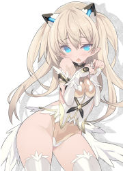 Rule 34 | 1girl, :o, backless dress, backless outfit, bare shoulders, blade (galaxist), blonde hair, blue eyes, blush, breasts, covered navel, cowboy shot, dress, fang, feathered wings, gloves, groin, hair between eyes, headgear, highleg, highleg dress, juliet sleeves, legs apart, long hair, long sleeves, low wings, open mouth, pointy ears, puffy sleeves, skin tight, sleeveless, sleeveless dress, small breasts, solo, thighhighs, twintails, white dress, white gloves, white theme, white thighhighs, wings