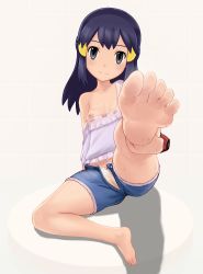 Rule 34 | 1girl, barefoot, blue hair, cameltoe, creatures (company), dark blue hair, dawn (pokemon), feet, foot focus, game freak, highres, koorino, long hair, looking at viewer, nintendo, nipples, off shoulder, one breast out, open clothes, open shorts, panties, pokemon, pokemon dppt, shorts, soles, sweat, toes, underwear