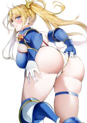 Rule 34 | 1girl, absurdres, bare shoulders, bent over, blonde hair, blue eyes, blue gloves, blue leotard, blush, boots, bradamante (fate), bradamante (first ascension) (fate), braid, breasts, crown braid, elbow gloves, fate/grand order, fate (series), gloves, highleg, highleg leotard, highres, knee boots, large breasts, len (hand linke), leotard, long hair, looking at viewer, looking back, solo, thigh strap, thighs, twintails, two-tone gloves, two-tone leotard, very long hair, white gloves, white leotard