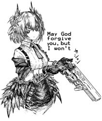 Rule 34 | 1girl, animal ears, arknights, bird ears, bird girl, collared shirt, commentary request, english text, fiammetta (arknights), gloves, greyscale, gun, highres, holding, holding gun, holding weapon, jacket, meme, monochrome, necktie, reloading, shiokaze1409, shirt, simple background, solo, weapon, white background