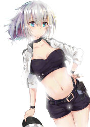 Rule 34 | 1girl, absurdres, alternate costume, belt, black choker, breasts, choker, cleavage, cowboy shot, crop top, cropped jacket, date a live, expressionless, hair between eyes, hand on own hip, hat, highres, holding, holding clothes, holding hat, looking at viewer, medium breasts, medium hair, midriff, navel, short shorts, shorts, simple background, skying, solo, standing, stomach, strapless, thigh gap, thighs, tobiichi origami, tube top, unworn hat, unworn headwear, white background