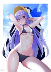 Rule 34 | 1girl, animal costume, armpits, arms behind head, arms up, bare arms, bare shoulders, bikini, blue choker, blue eyes, breasts, choker, cloud, fate/grand order, fate (series), groin, halterneck, halterneck, highres, long hair, looking at viewer, meltryllis, meltryllis (fate), meltryllis (swimsuit lancer) (fate), navel, outside border, penguin costume, purple hair, sana hamada, small breasts, solo, stomach, strap gap, string bikini, sunlight, thighs, tongue, tongue out, very long hair