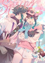 2boys ahoge aqua_eyes aqua_hair bag black_fur black_hair black_pants cherry_blossoms closed_eyes eyewear_on_head genshin_impact gradient_hair hood hoodie kiss long_sleeves male_focus multicolored_hair multiple_boys one_eye_closed open_mouth pants pink_sweater rabbit shirt shorts shoulder_bag smile sunglasses sweater venti_(genshin_impact) white_hoodie white_shirt white_shorts xiao_(genshin_impact) yaoi zengzhi_zhixu